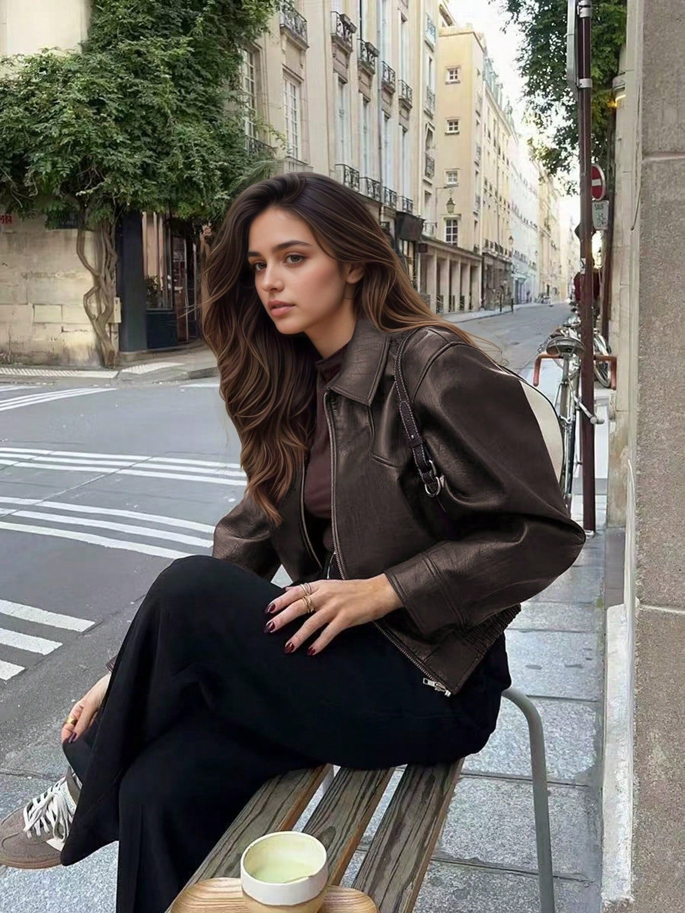 Lapel Zipper Dark Coffee Color Leather Jacket