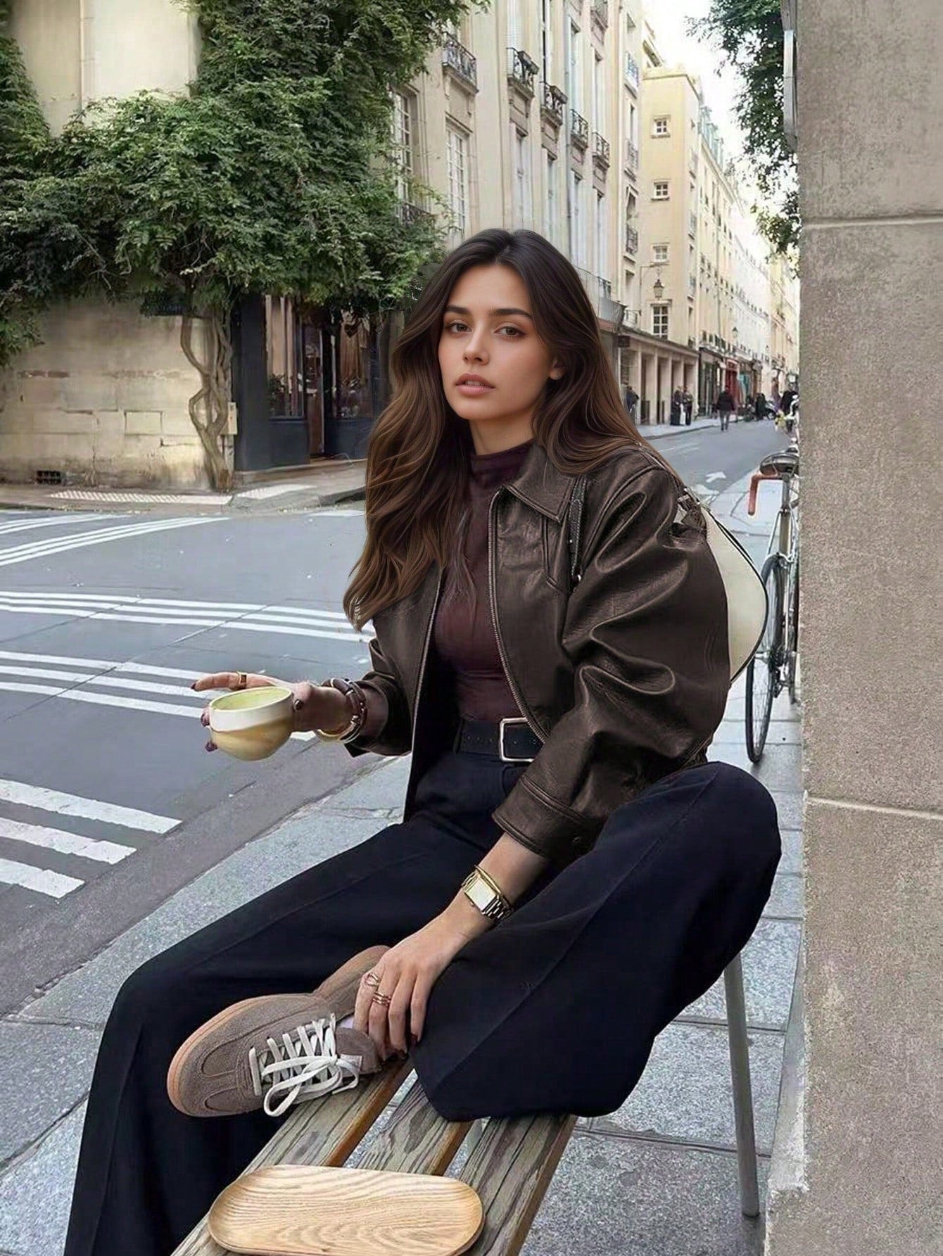 Lapel Zipper Dark Coffee Color Leather Jacket