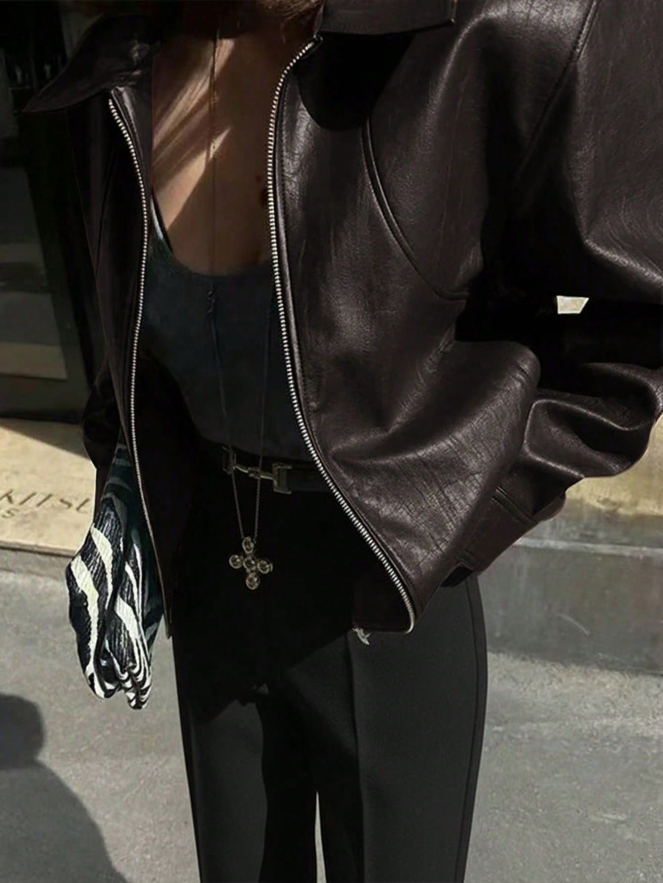 Lapel Zipper Dark Coffee Color Leather Jacket