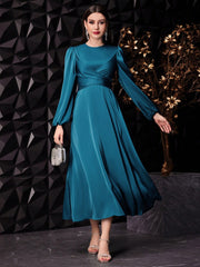 Shein Modelyn Ladies' Solid Color Round Neck Lantern Sleeve Arabian Dress