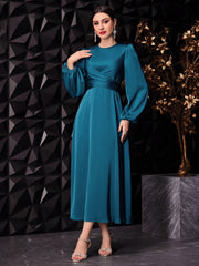 Shein Modelyn Ladies' Solid Color Round Neck Lantern Sleeve Arabian Dress