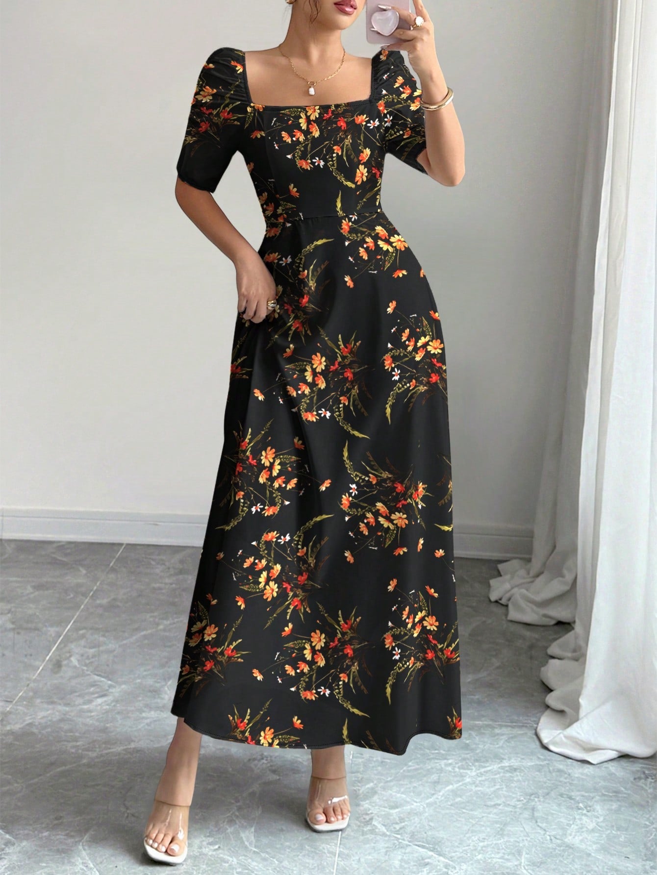 Shein Modelyn Retro Elegant Ditsy Floral Loose Casual Long Sleeve Dress