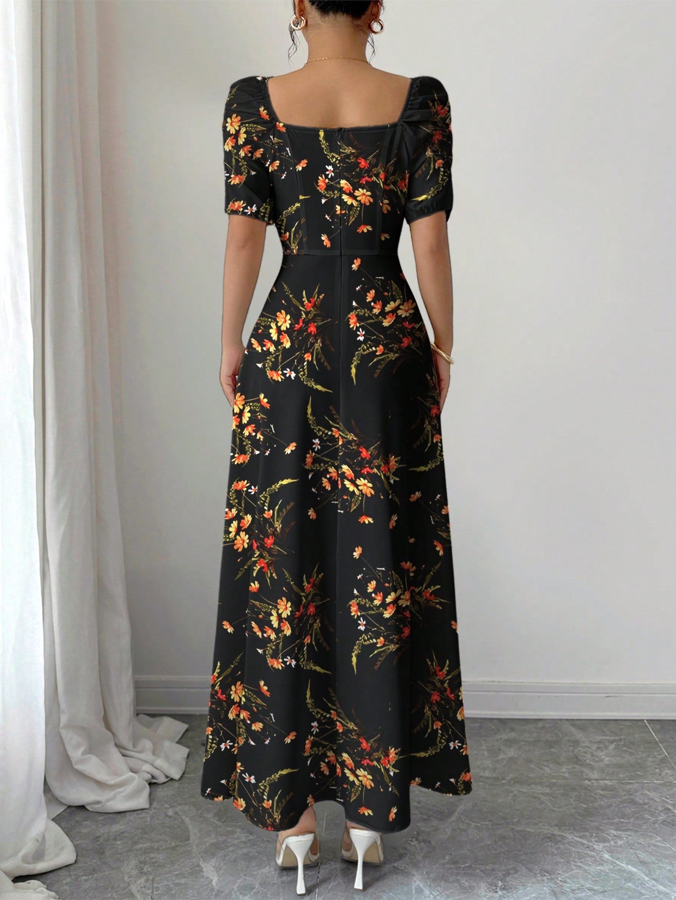 Shein Modelyn Retro Elegant Ditsy Floral Loose Casual Long Sleeve Dress