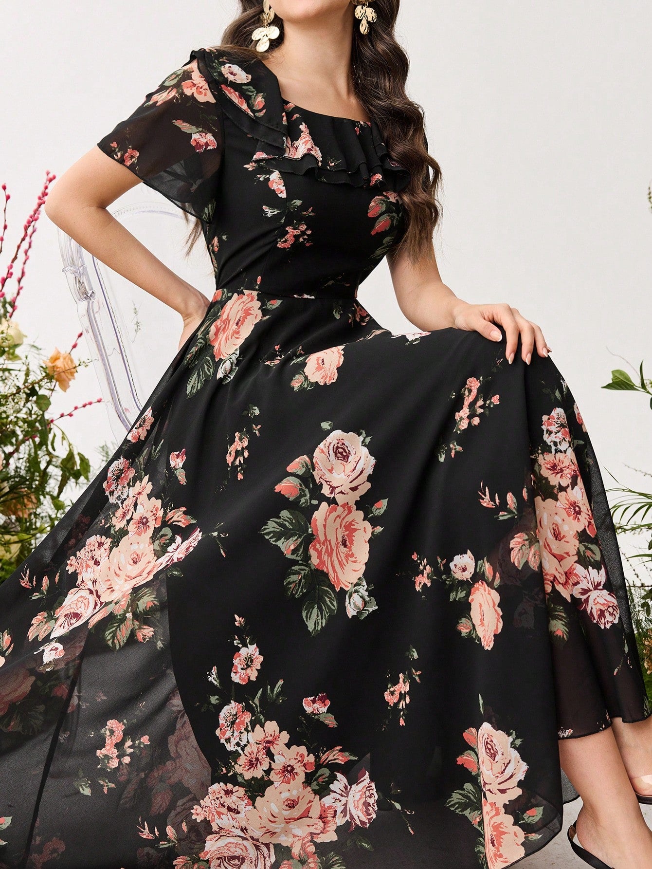 Shein Modelyn Ruffle Hem Floral Print Fitted Chiffon Dress