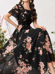 Shein Modelyn Ruffle Hem Floral Print Fitted Chiffon Dress