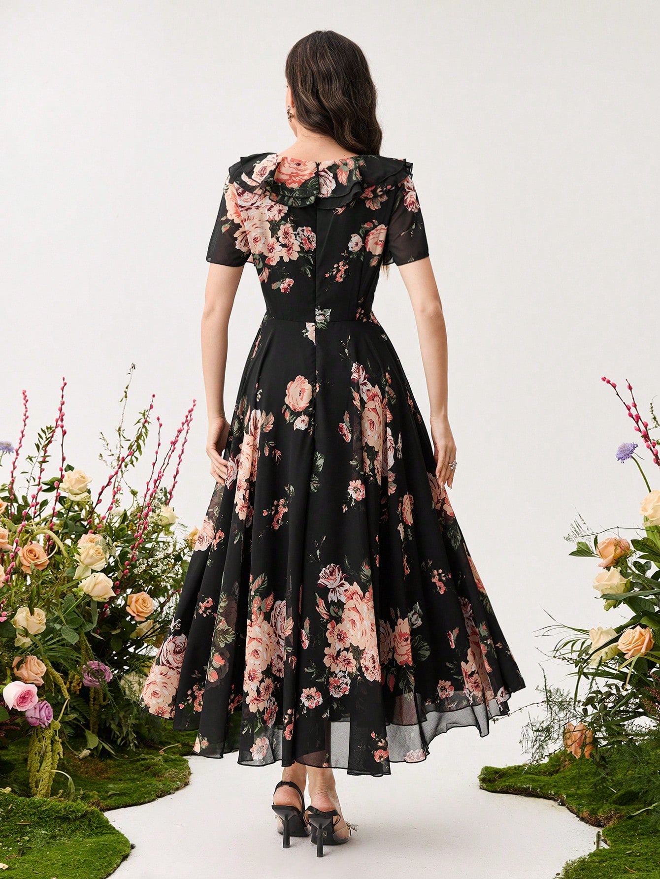 Shein Modelyn Ruffle Hem Floral Print Fitted Chiffon Dress