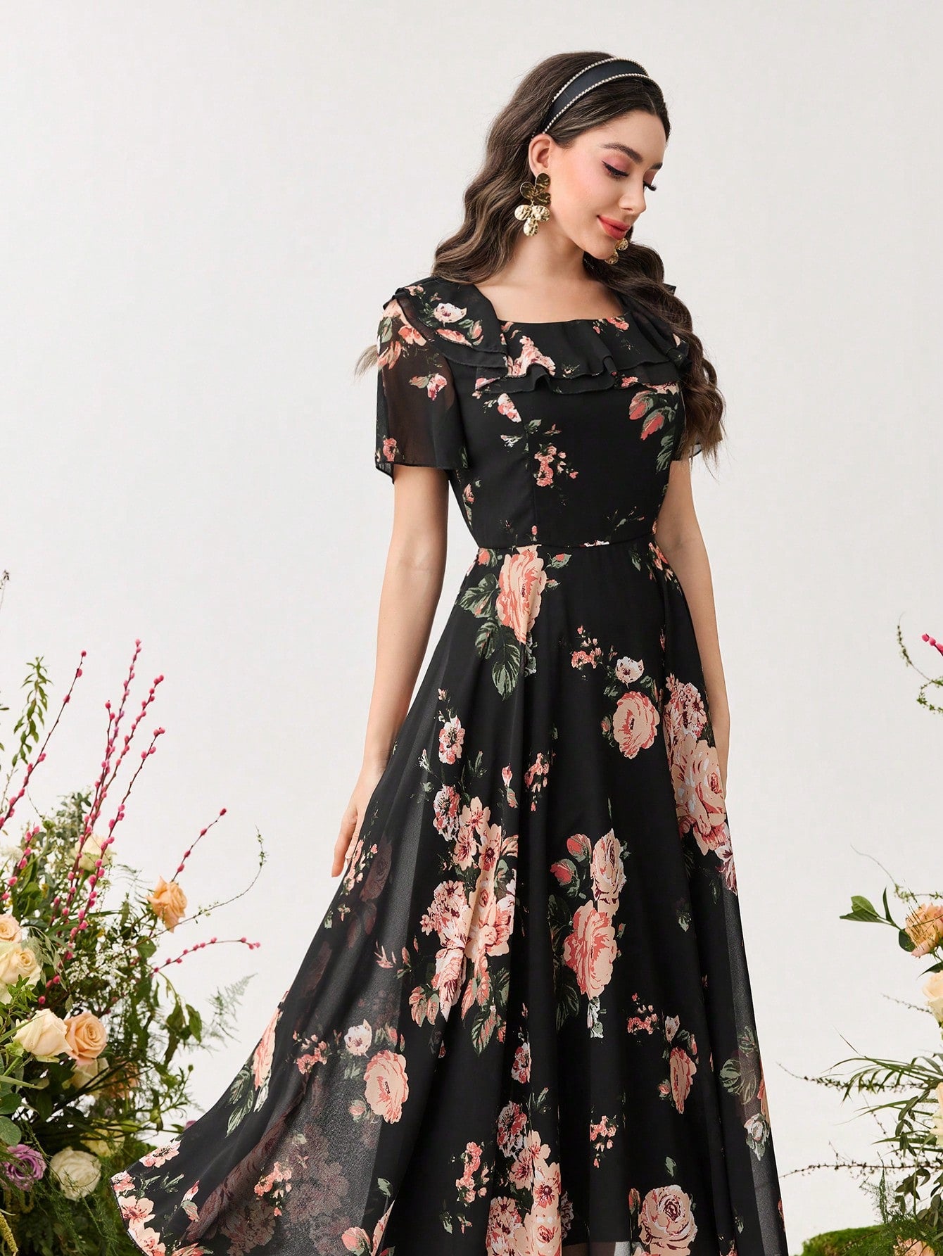 Shein Modelyn Ruffle Hem Floral Print Fitted Chiffon Dress