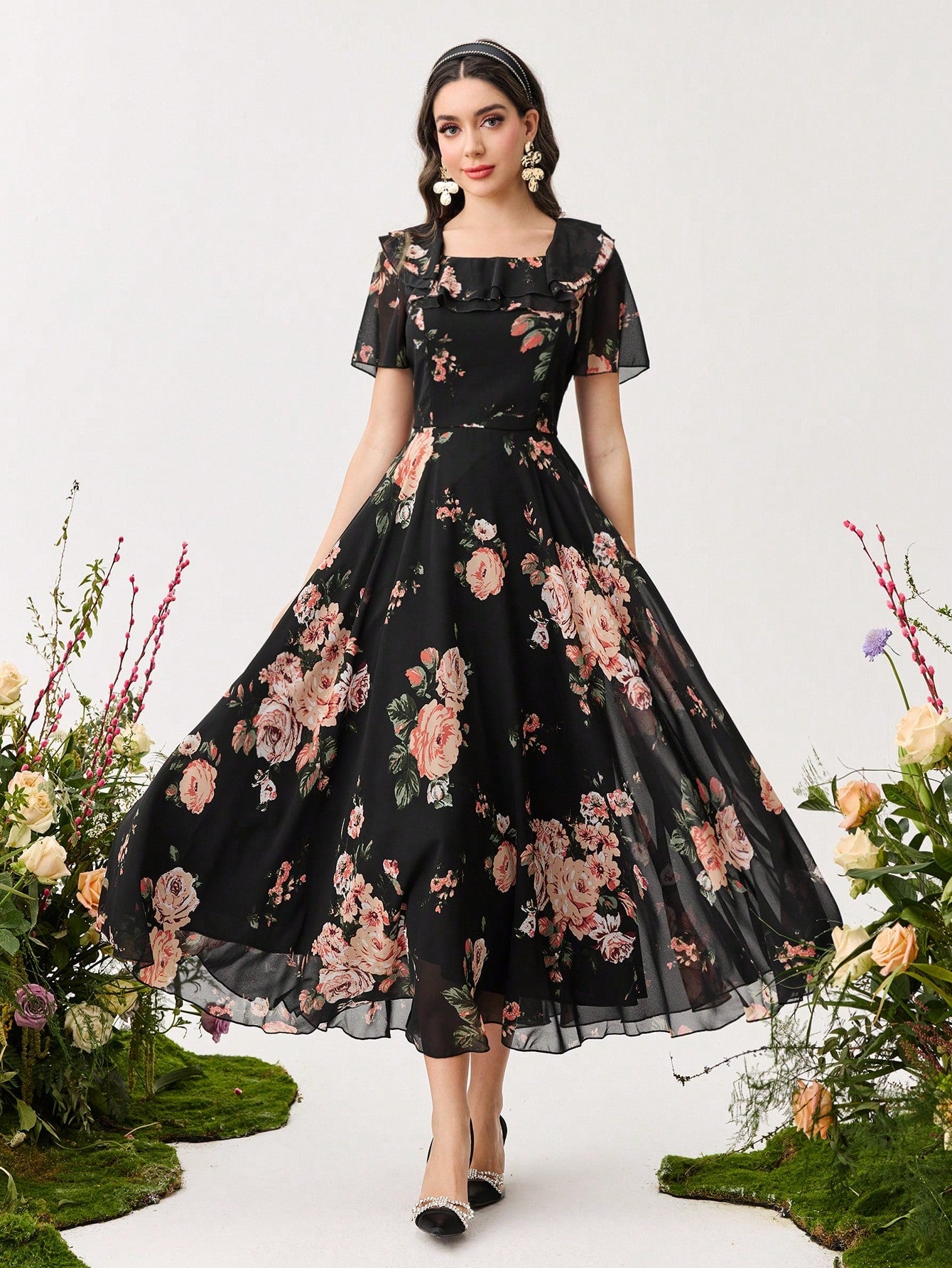 Shein Modelyn Ruffle Hem Floral Print Fitted Chiffon Dress