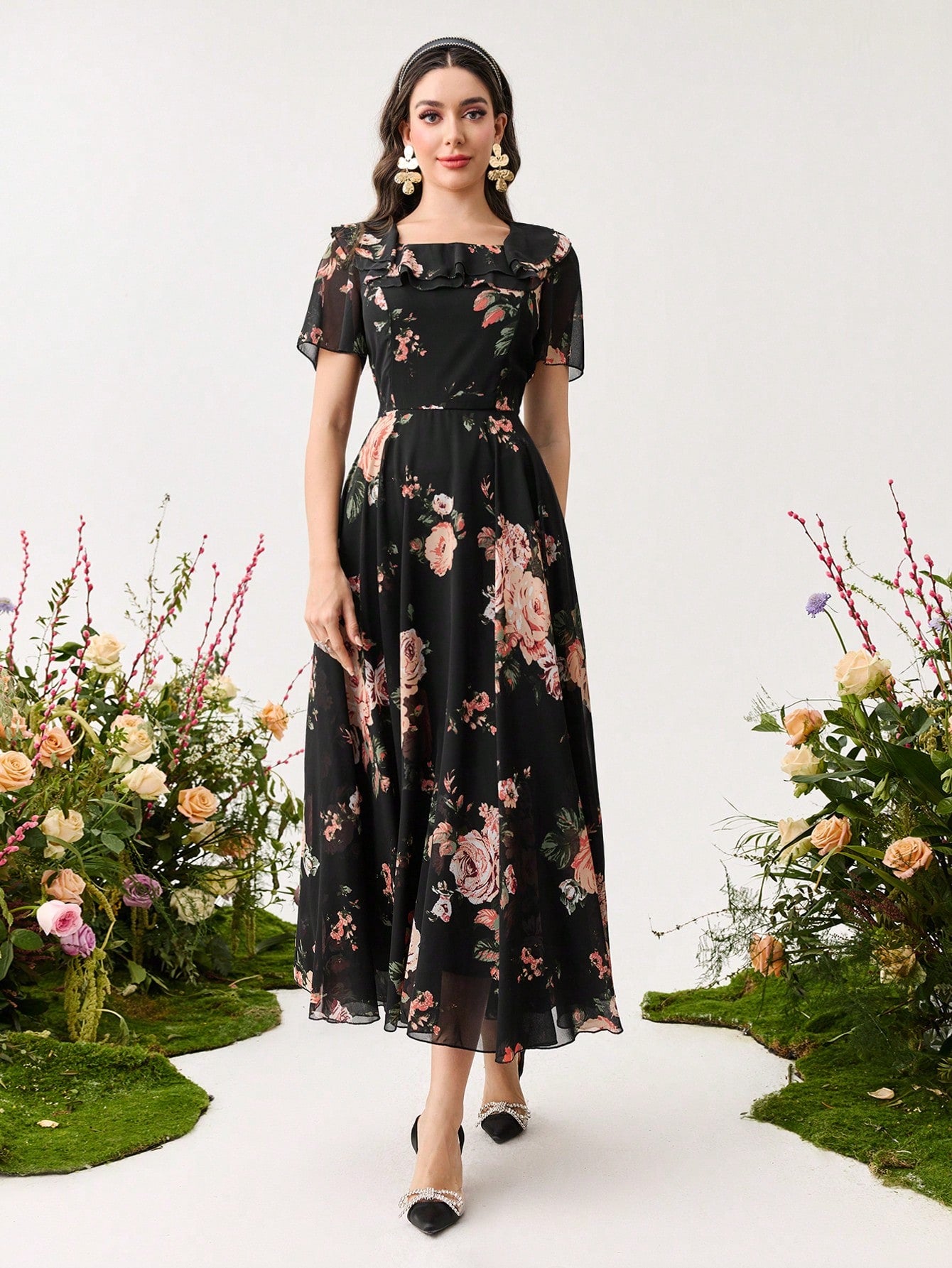 Shein Modelyn Ruffle Hem Floral Print Fitted Chiffon Dress