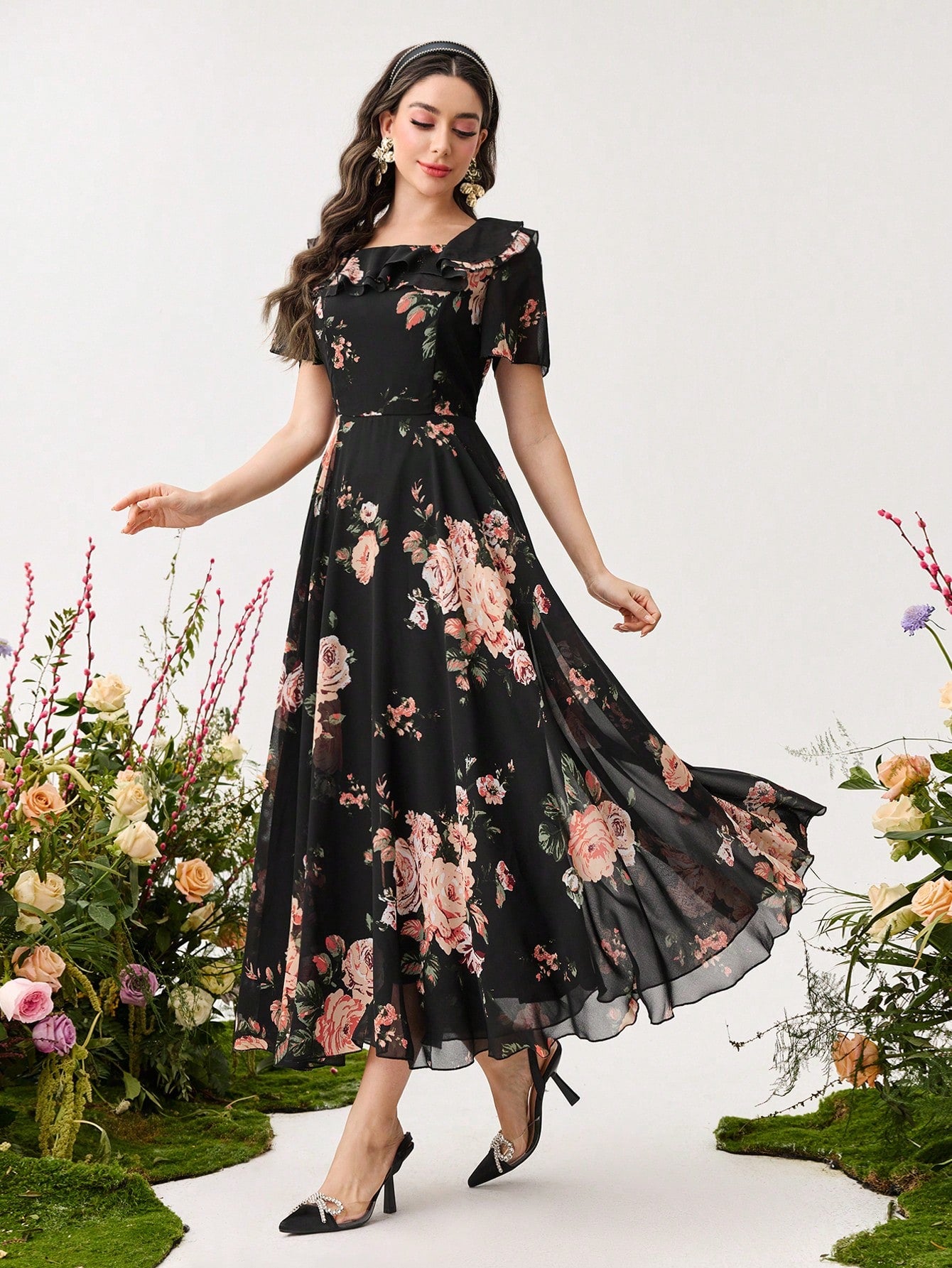 Shein Modelyn Ruffle Hem Floral Print Fitted Chiffon Dress