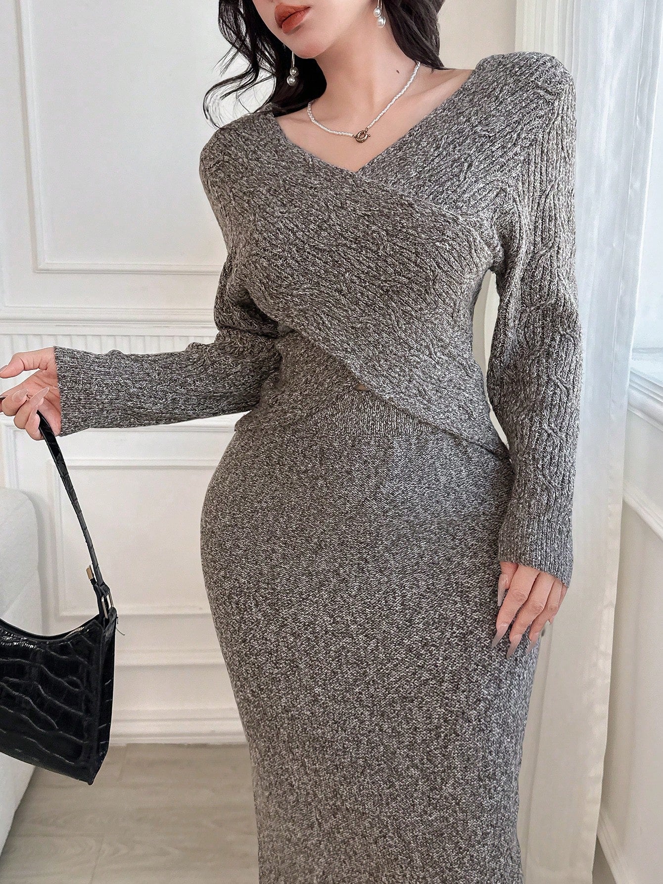 Shein Modelyn Women Cross Wrap V-Neck Asymmetric Hem Long Sleeve Top & Skirt Sweater Two-Piece Set