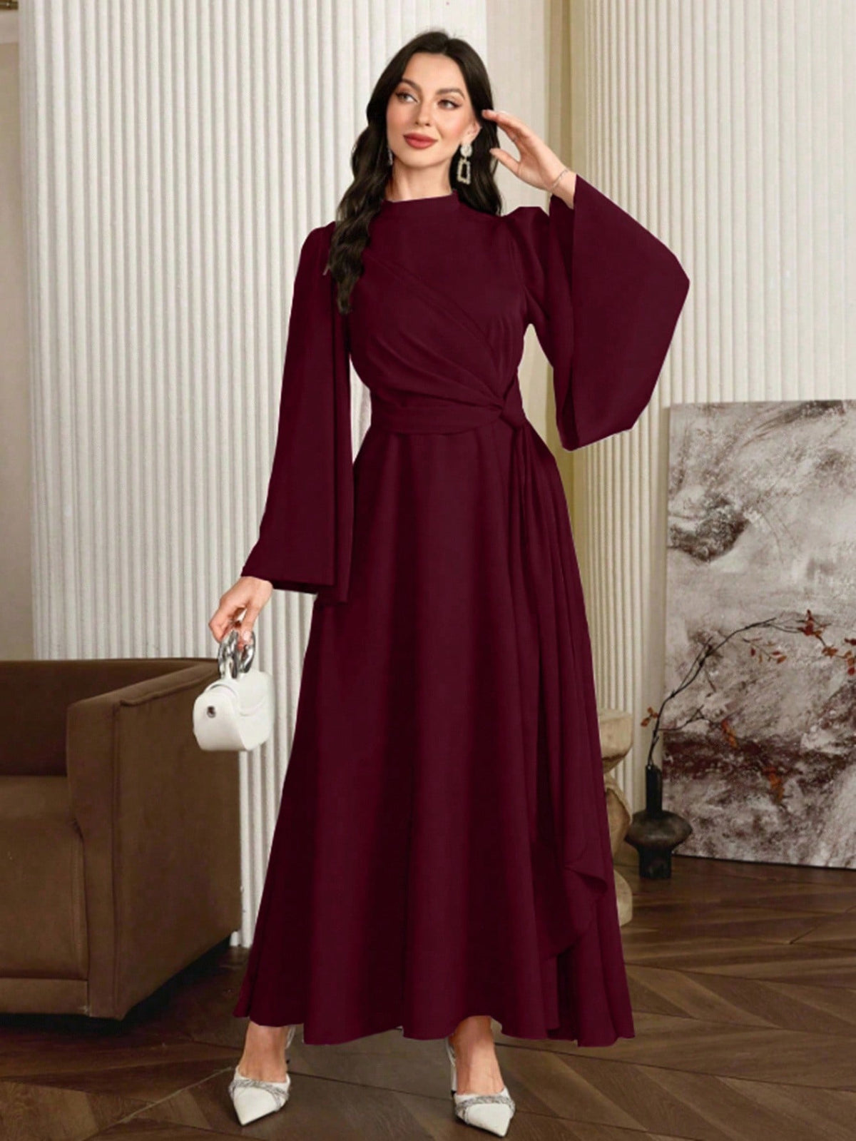 Elegant Solid Color Bell Sleeve Arabic Dress