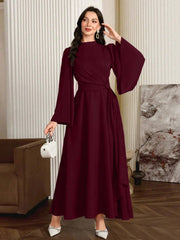 Elegant Solid Color Bell Sleeve Arabic Dress