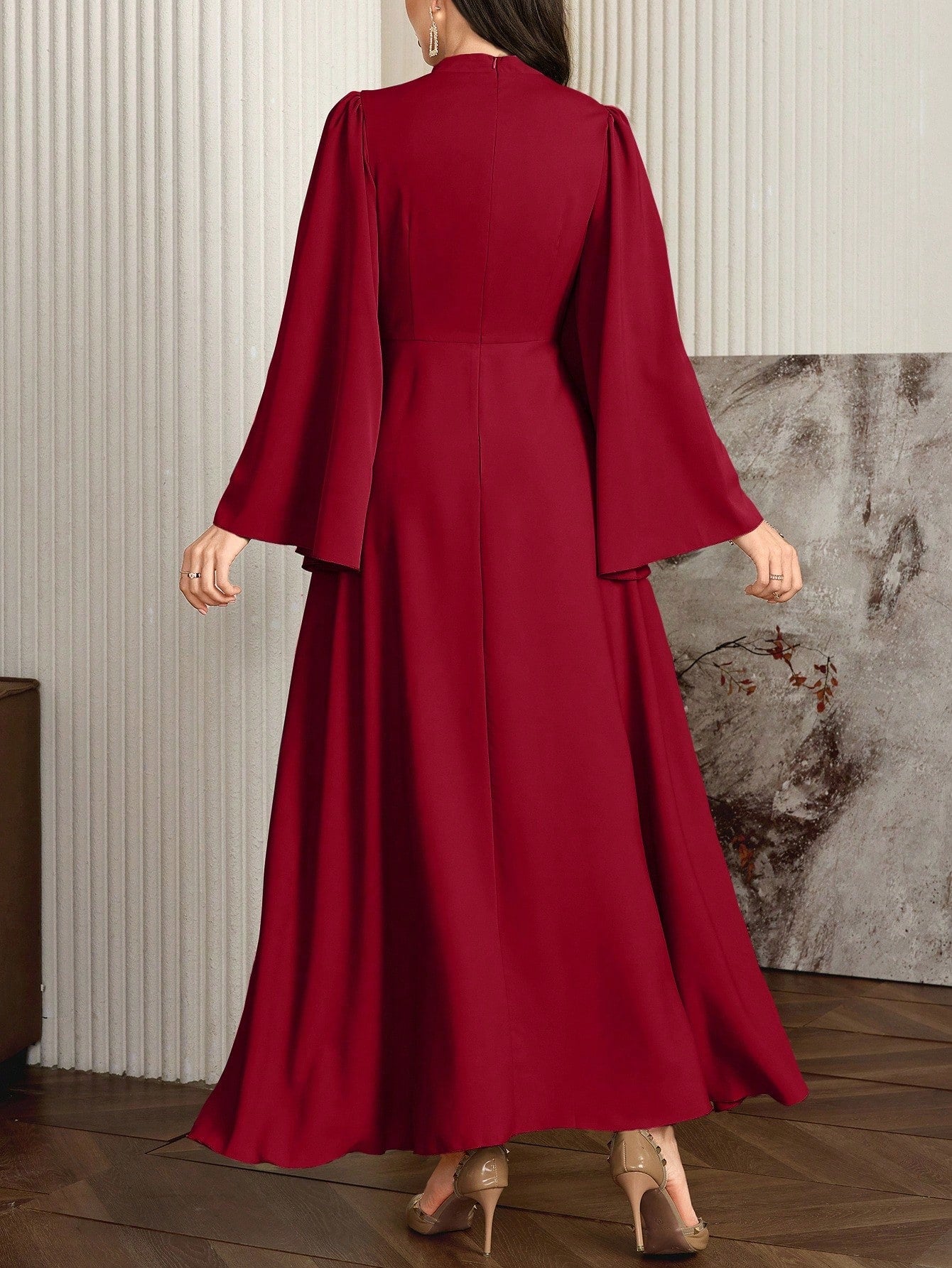 Shein Modelyn Women Elegant Solid Color Bell Sleeve Arabic Dress