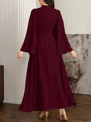 Elegant Solid Color Bell Sleeve Arabic Dress