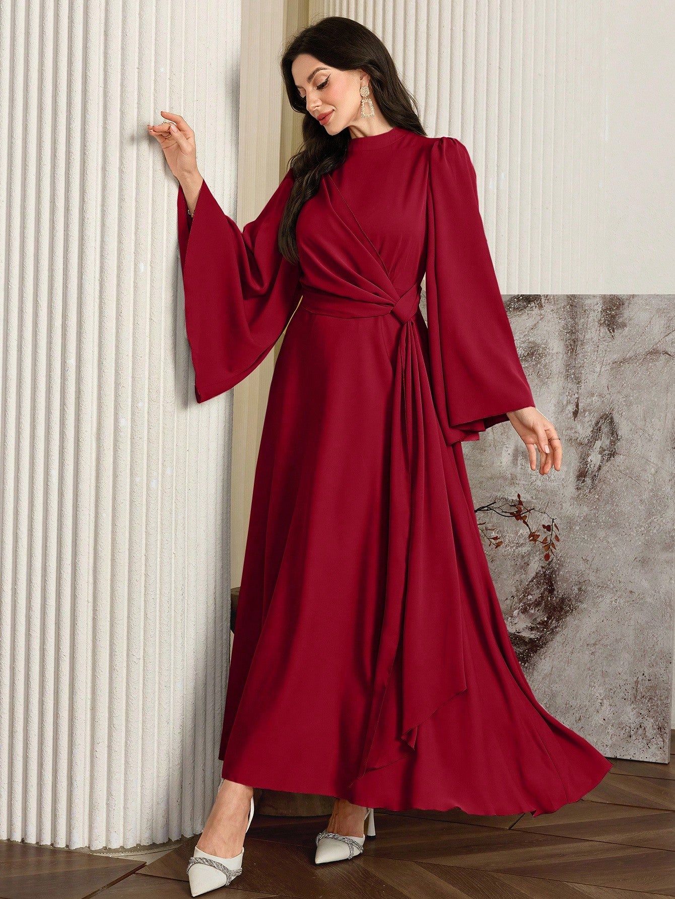 Shein Modelyn Women Elegant Solid Color Bell Sleeve Arabic Dress