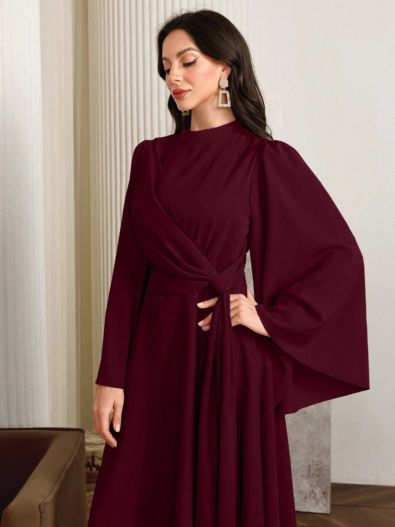 Elegant Solid Color Bell Sleeve Arabic Dress