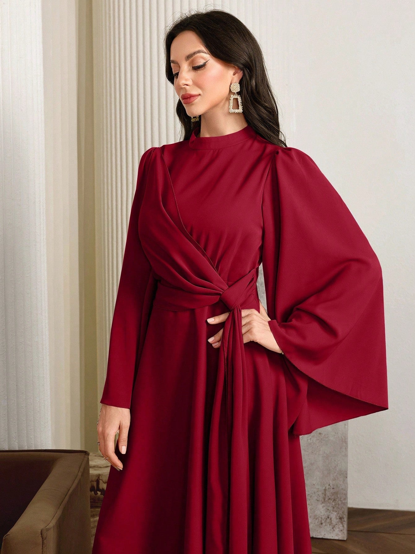 Shein Modelyn Women Elegant Solid Color Bell Sleeve Arabic Dress
