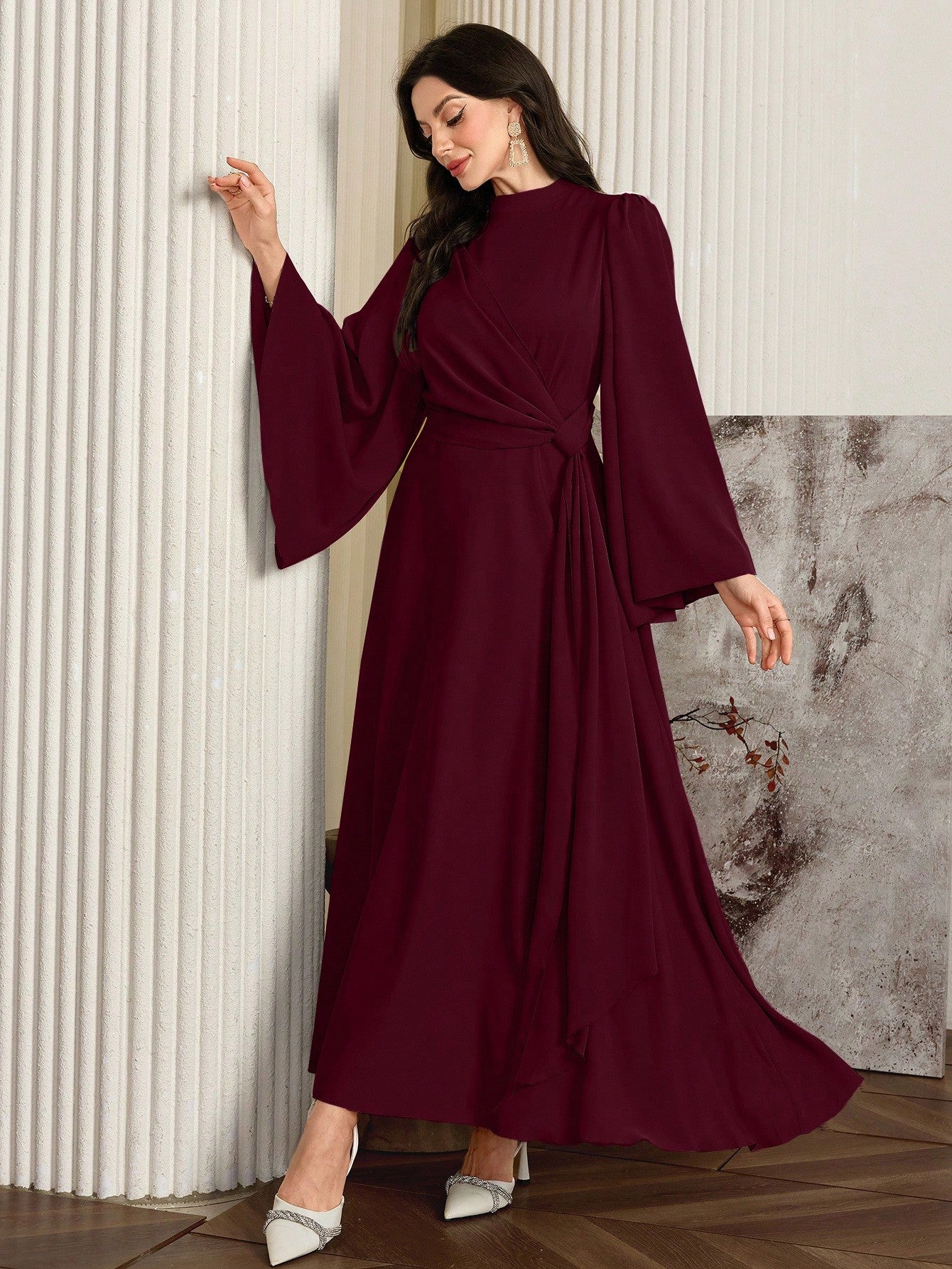 Elegant Solid Color Bell Sleeve Arabic Dress