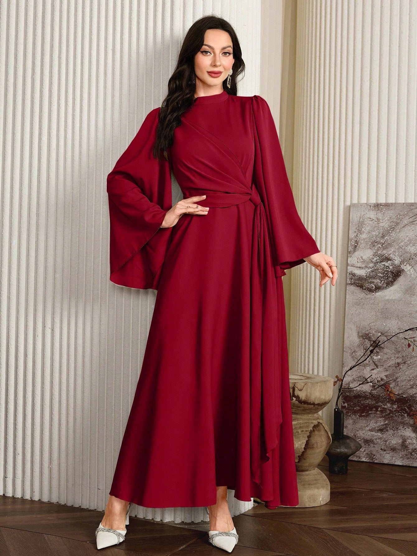 Shein Modelyn Women Elegant Solid Color Bell Sleeve Arabic Dress