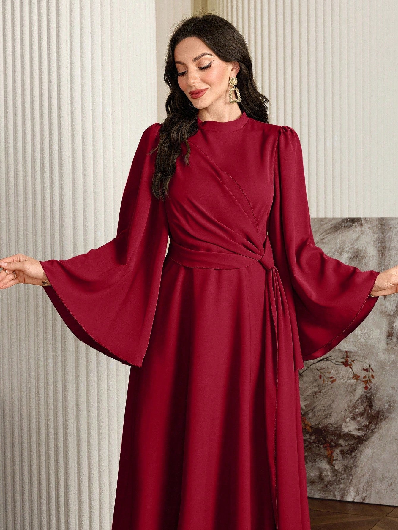 Shein Modelyn Women Elegant Solid Color Bell Sleeve Arabic Dress