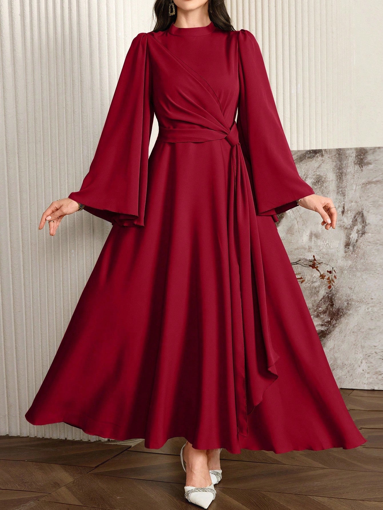 Shein Modelyn Women Elegant Solid Color Bell Sleeve Arabic Dress