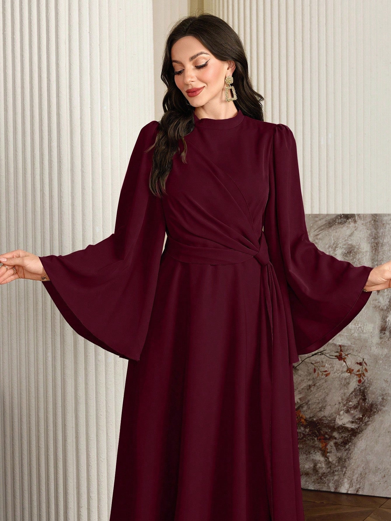 Elegant Solid Color Bell Sleeve Arabic Dress