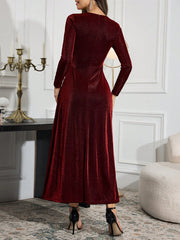 Women Elegant Solid Color Round Neck Long Sleeve Ruched Waist Dress