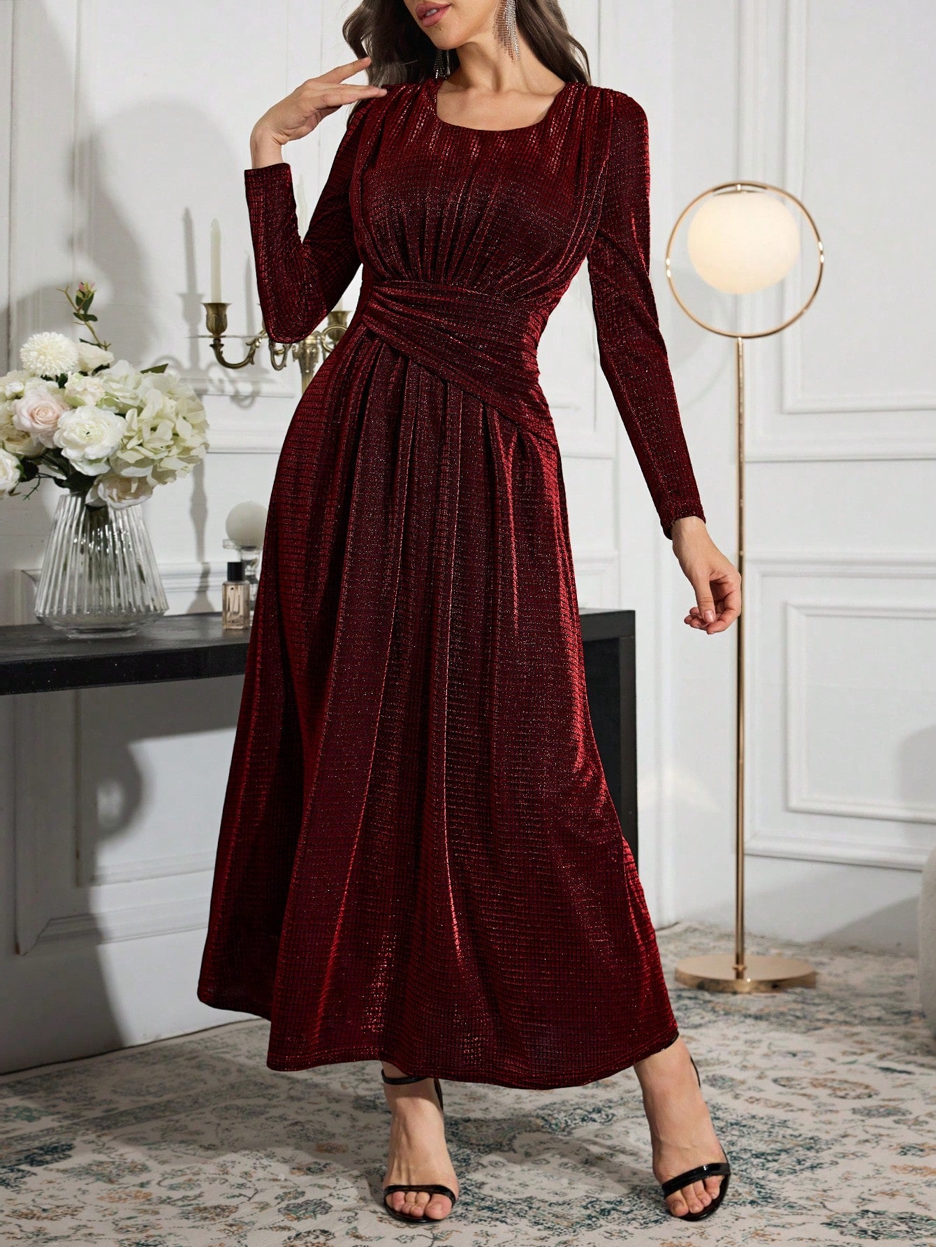 Women Elegant Solid Color Round Neck Long Sleeve Ruched Waist Dress