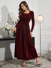 Women Elegant Solid Color Round Neck Long Sleeve Ruched Waist Dress