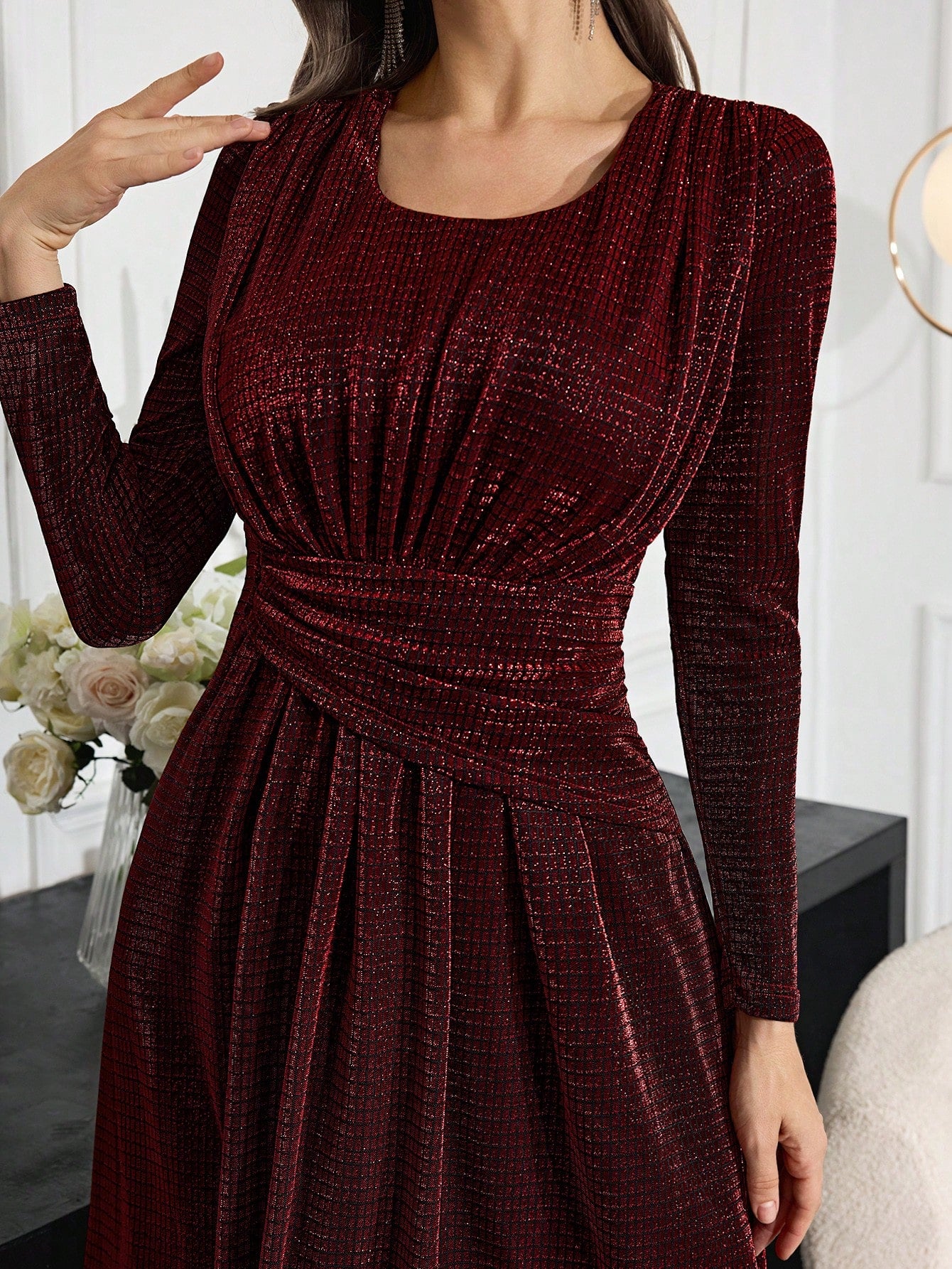 Women Elegant Solid Color Round Neck Long Sleeve Ruched Waist Dress