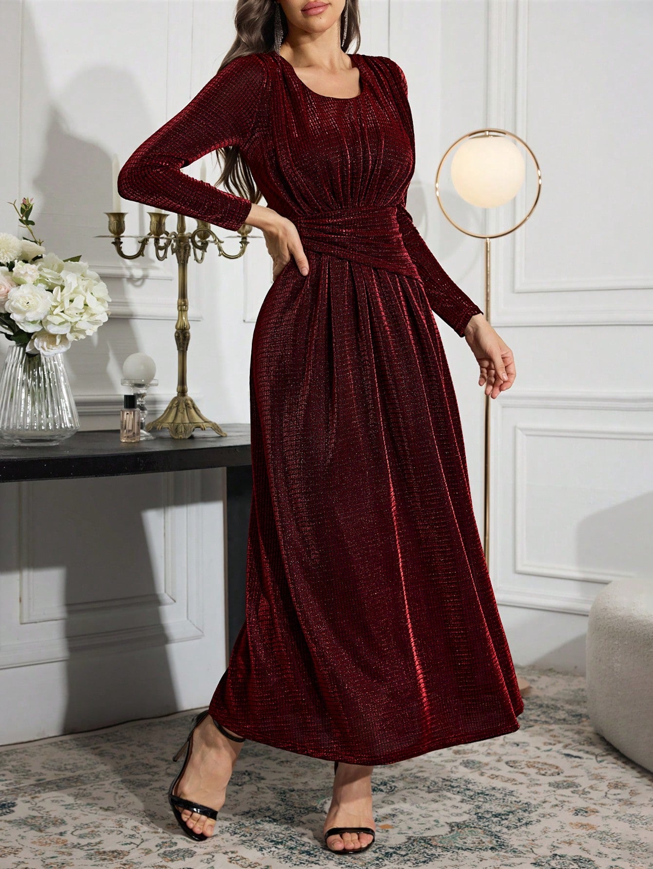 Women Elegant Solid Color Round Neck Long Sleeve Ruched Waist Dress