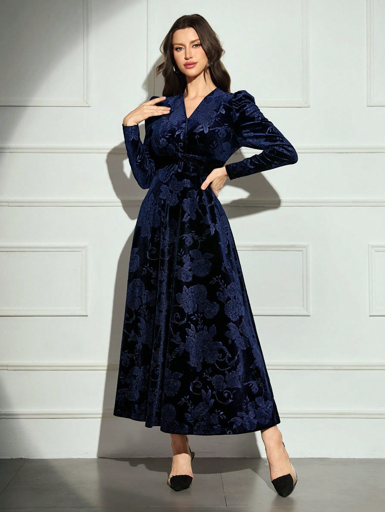 Shein Modelyn Women V-Neck Crossed Wrap Elegant Long Sleeve Arabian Modest Dress