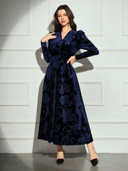 Shein Modelyn Women V-Neck Crossed Wrap Elegant Long Sleeve Arabian Modest Dress