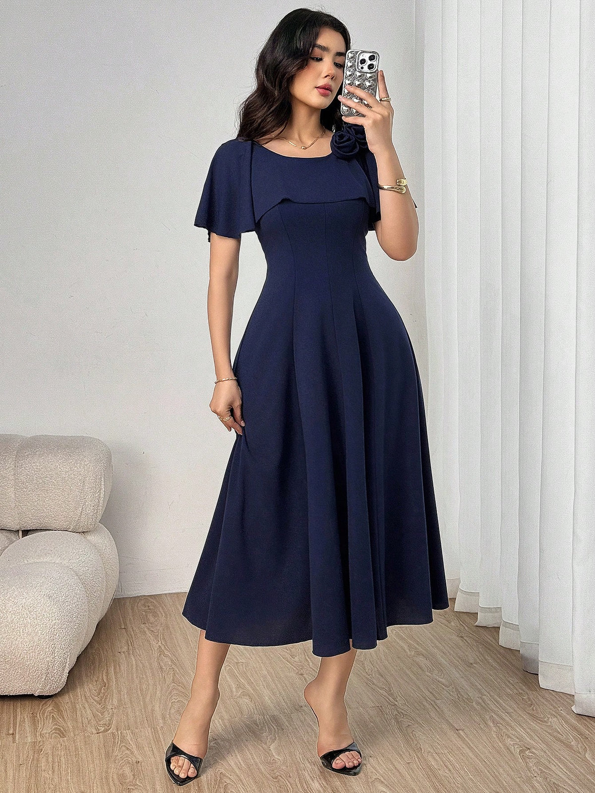 Shein Modelyn Women's Elegant Ruched A-Line Gown With Shawl Collar
