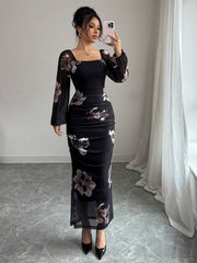 SHEIN Modelyn Women's Floral Print Elegant Square Neck Tie Waist Midi Dress