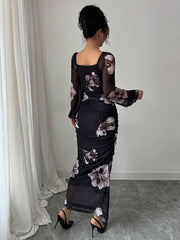 SHEIN Modelyn Women's Floral Print Elegant Square Neck Tie Waist Midi Dress
