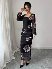 SHEIN Modelyn Women's Floral Print Elegant Square Neck Tie Waist Midi Dress