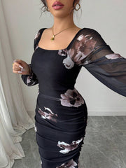 SHEIN Modelyn Women's Floral Print Elegant Square Neck Tie Waist Midi Dress