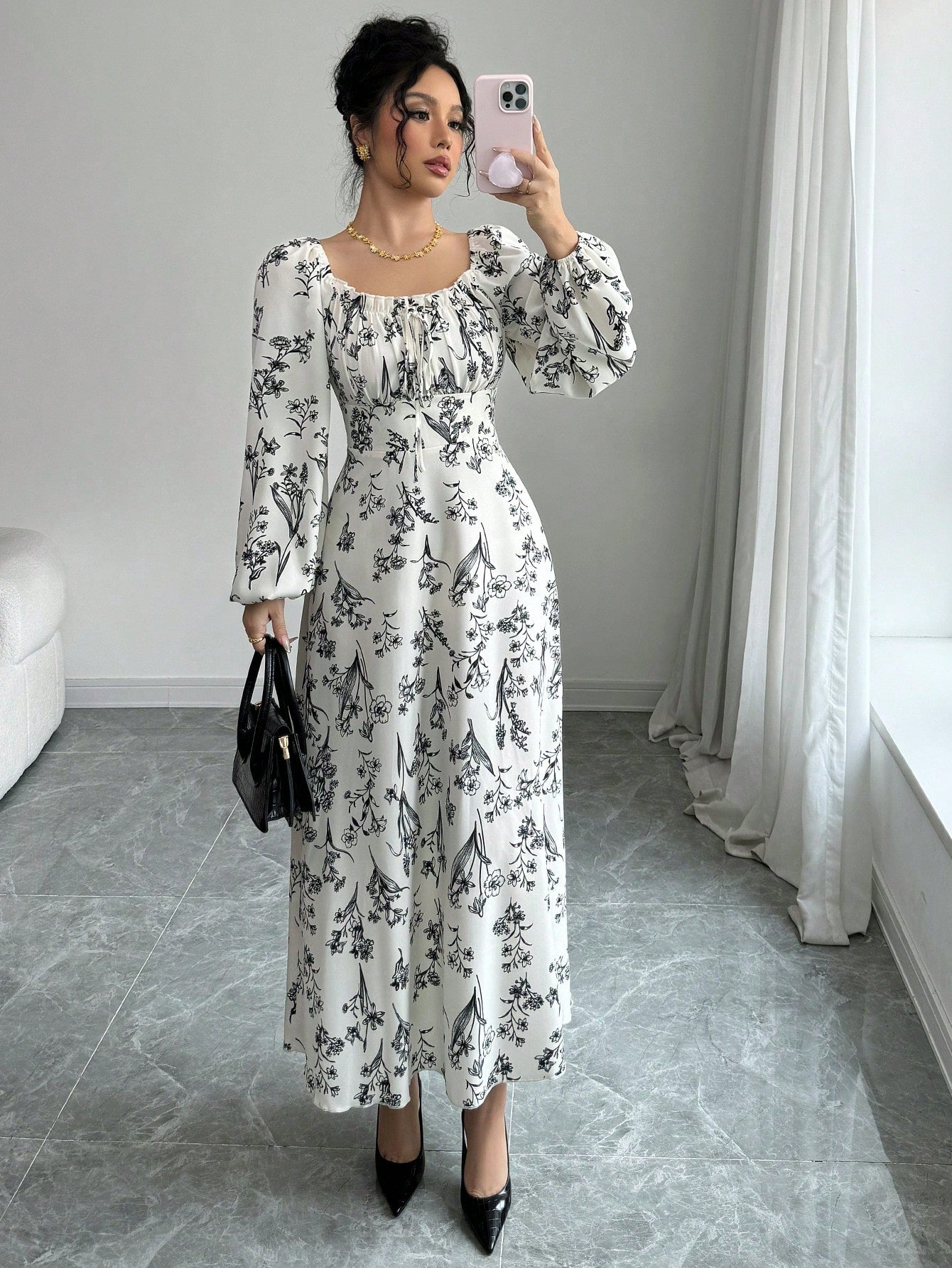 SHEIN Modely Women's Floral Print Square Collar Lantern Sleeve Elegant Dress