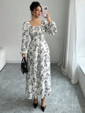 SHEIN Modely Women's Floral Print Square Collar Lantern Sleeve Elegant Dress