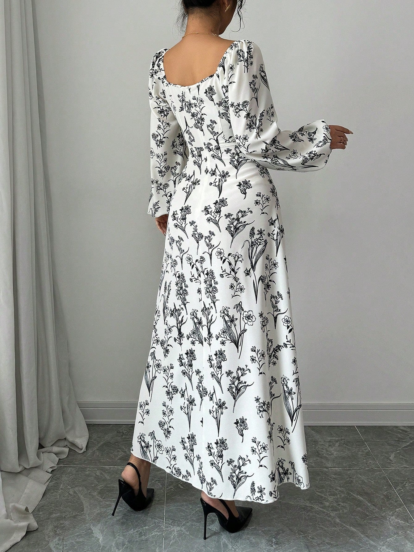 SHEIN Modely Women's Floral Print Square Collar Lantern Sleeve Elegant Dress