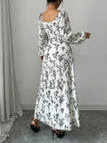 SHEIN Modely Women's Floral Print Square Collar Lantern Sleeve Elegant Dress
