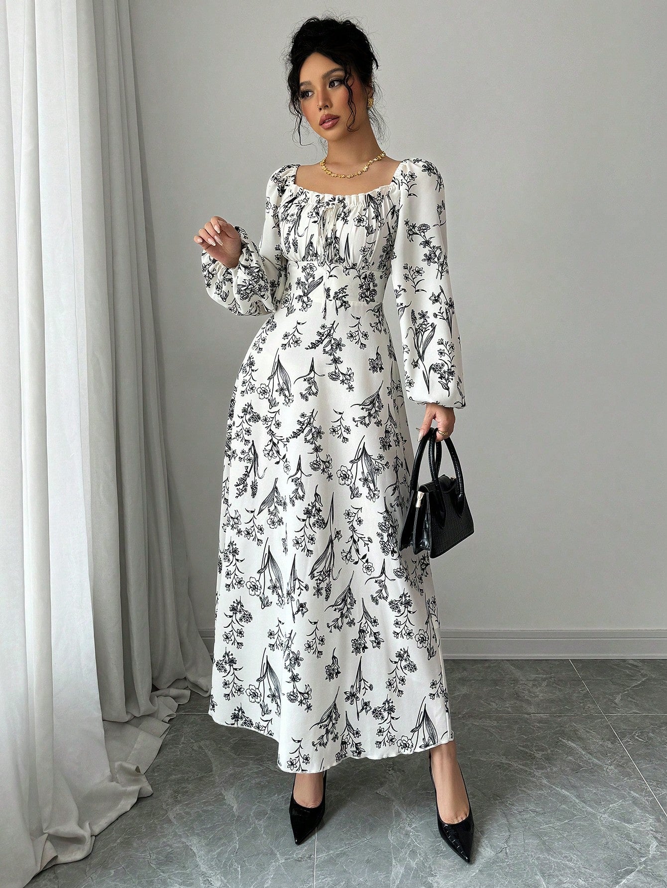 SHEIN Modely Women's Floral Print Square Collar Lantern Sleeve Elegant Dress