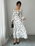 SHEIN Modely Women's Floral Print Square Collar Lantern Sleeve Elegant Dress