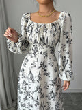 SHEIN Modely Women's Floral Print Square Collar Lantern Sleeve Elegant Dress
