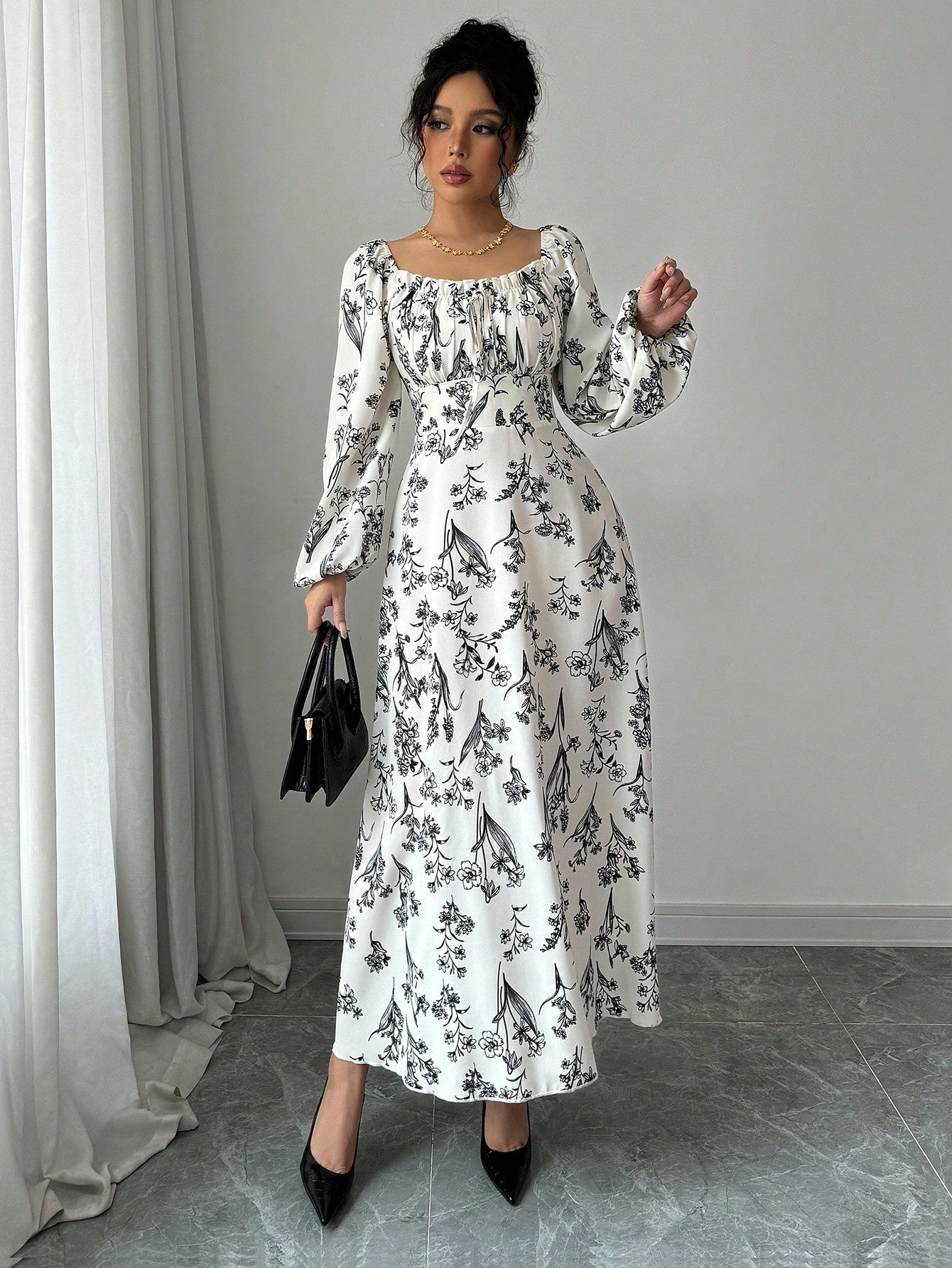 SHEIN Modely Women's Floral Print Square Collar Lantern Sleeve Elegant Dress