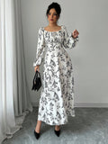 SHEIN Modely Women's Floral Print Square Collar Lantern Sleeve Elegant Dress