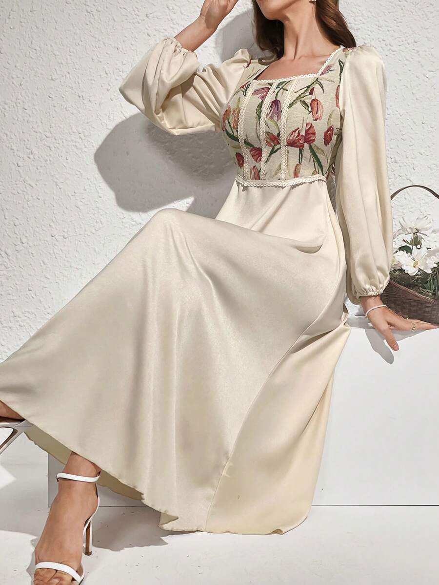 Shein Modelyn Women's Floral Printed Square Neck Puff Sleeve Bubble Hem Dress
