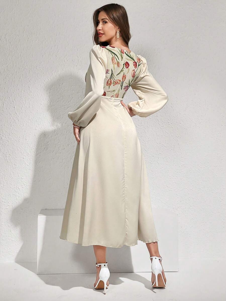 Shein Modelyn Women's Floral Printed Square Neck Puff Sleeve Bubble Hem Dress